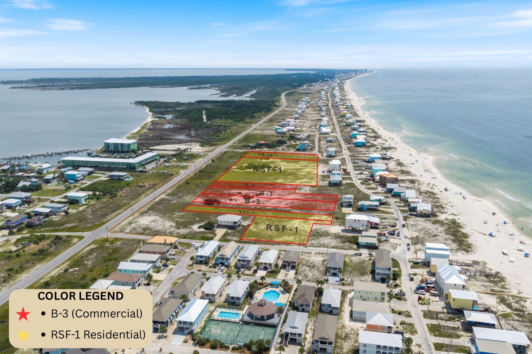 Aerial map of coastal land parcels with zoning overlay