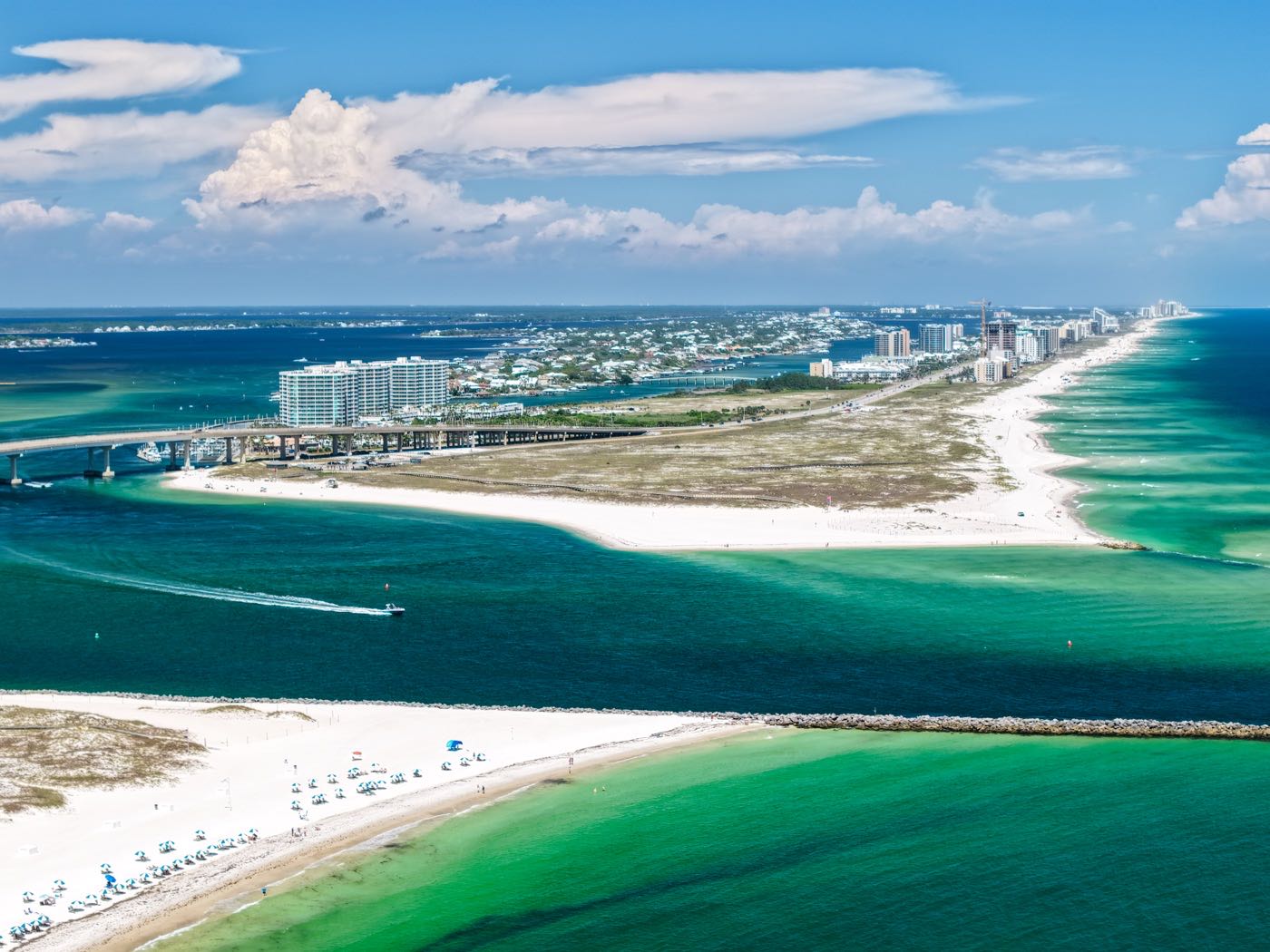 Wide aerial view of the pass where the Gulf meets Perdido Bay
